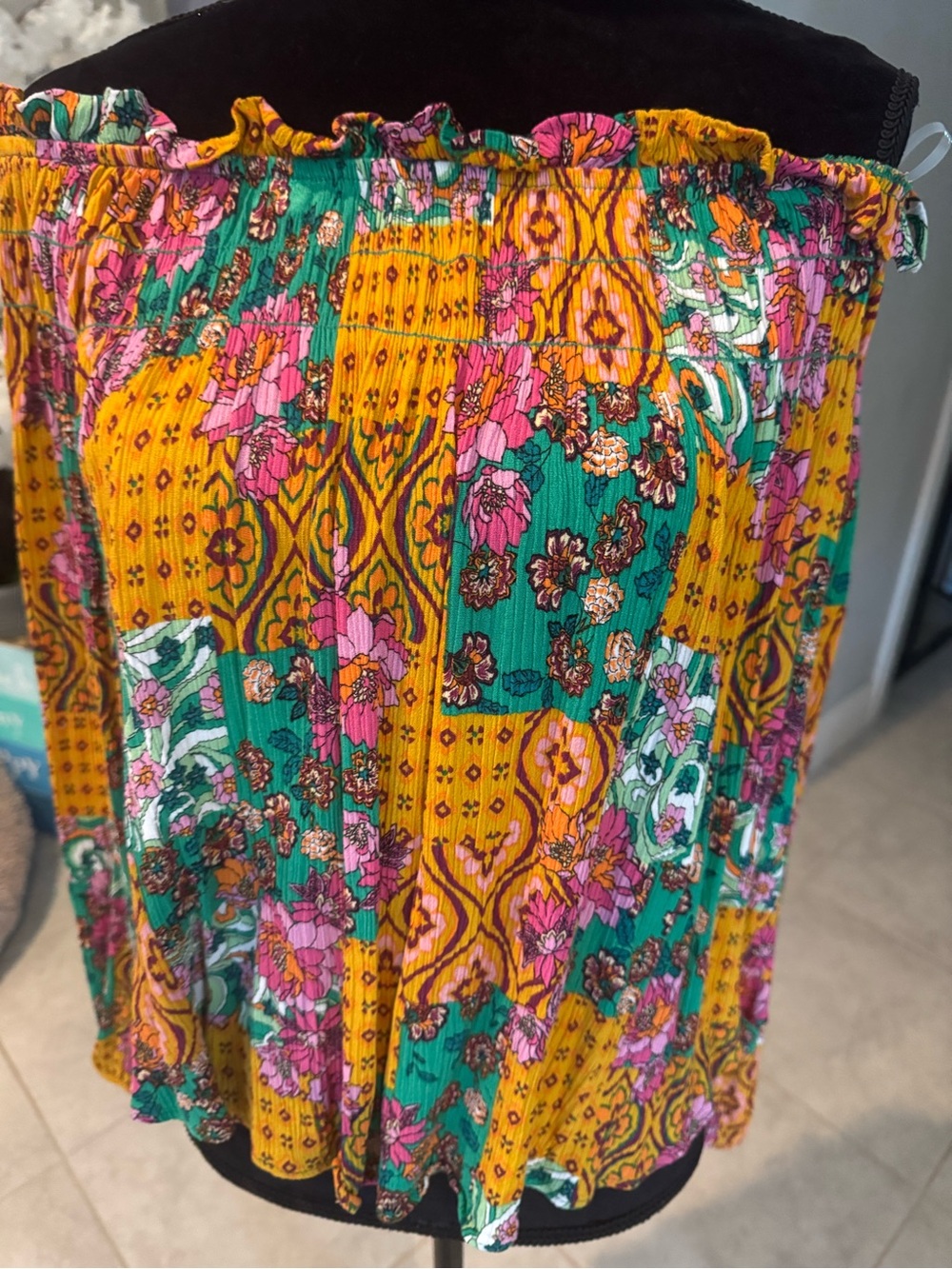 Ces Femme Yellow & Green Floral Patchwork off shoulders